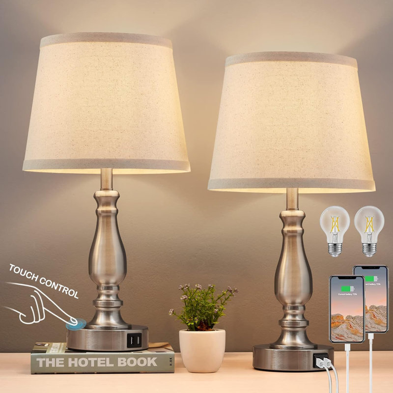 Alcott Hill Lamps For Bedrooms Set Of 2 Brushed Nickel Bedside Lamps With USB Ports 3 Way Dimmable Nightstand Lamps With Fabric Lampshade Touch Table Lamp For Living Room Bedroom Office Bulbs
